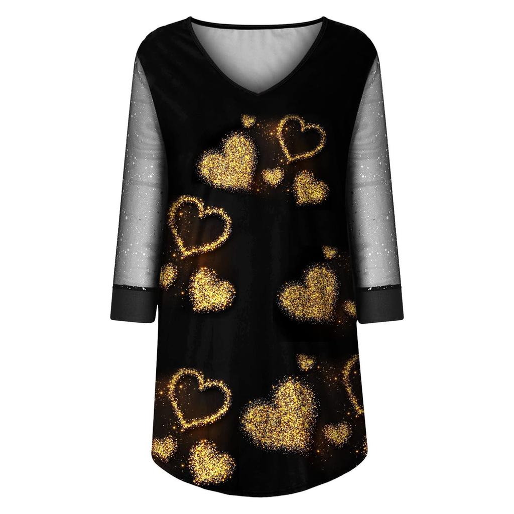 Women's Fashion Casual Long-sleeve V-neck Sexy Mesh Printing Stitching Dress