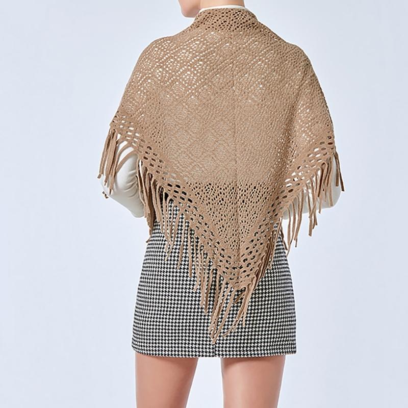 Women's Hollowed Knitted Triangular Scarf Imitation Cashmeres Soft Winter Shawl Wrap Neckerchief Blanket with Fringes