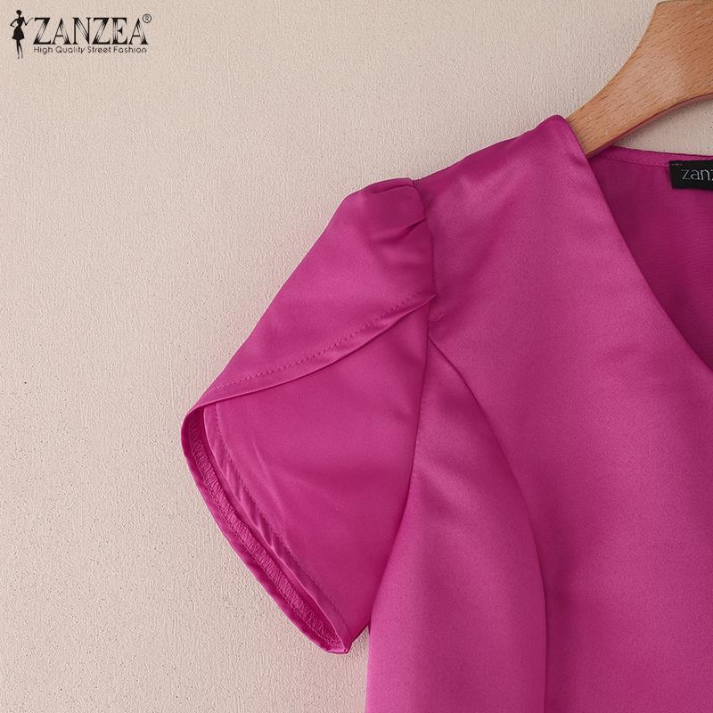 ZANZEA Women Casual V-Neck Summer Short Sleeve Satin Blouse