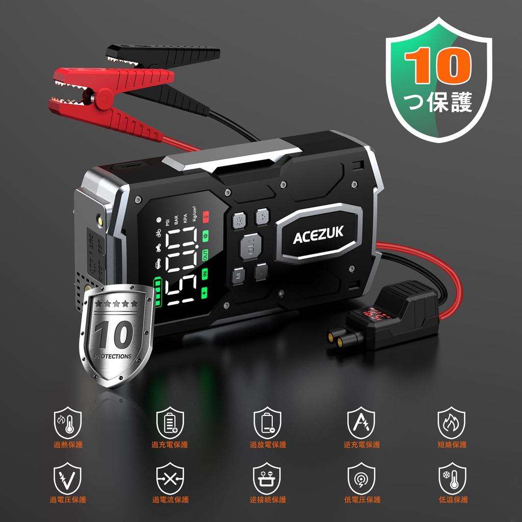 ACEZUK Jump Starter with Air Car Jump Electric Air Pump with All Gasoline and 8L Diesel 12V Car Engine Starter 4-in-1 Built-in Compressor, 26800mAh,