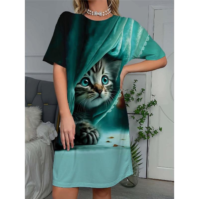 Modisches bedrucktes Damenkleid mit kurzen Ärmeln und Rundhalsausschnitt, geeignet für den täglichen Gebrauch, zum Pendeln und Reisen.