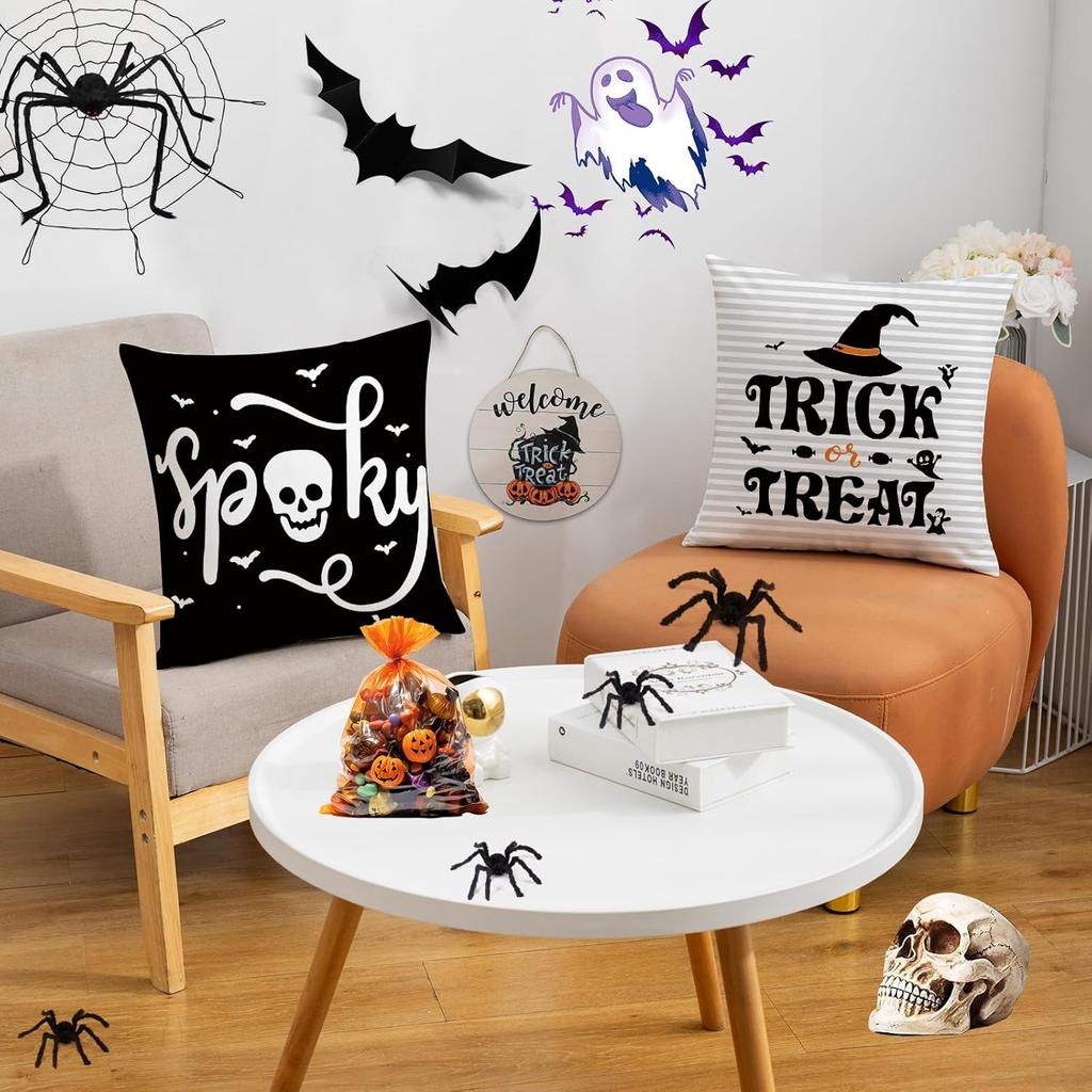 Halloween Throw Pillow Covers Set Of 4 Black Cat Spider Web Skull Decorative Cushion Case Trick Treat Pillowcase For Home Decor