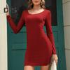Women Fall Spring Mini Dress Skinny U Neck Long Sleeve Sheath Solid Color Pullover Soft Elastic Slim Fit Above Knee Length Bottoming Dress