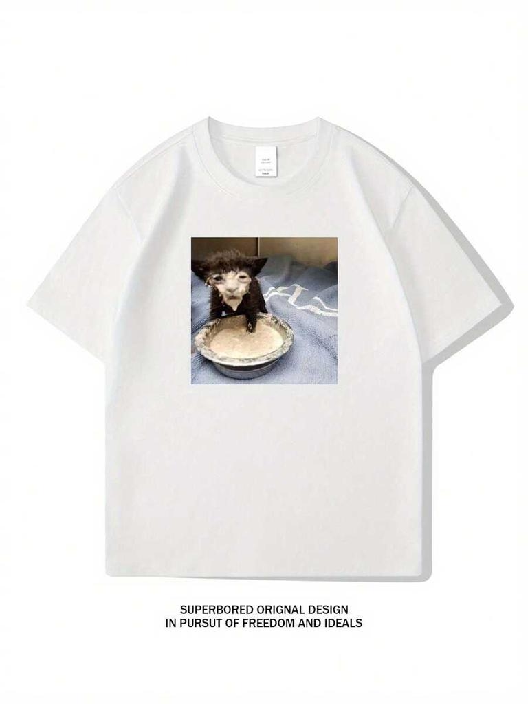 Unisex's Casual Short Sleeve T-Shirt With Cute Kitten & Ice Cream Cartoon Print