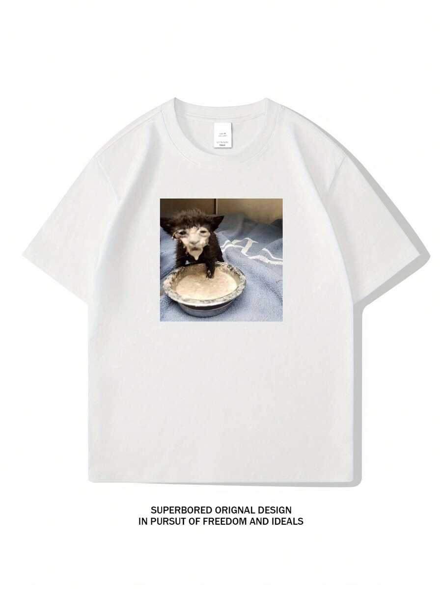 

Unisex s Casual Short Sleeve T-Shirt With Cute Kitten & Ice Cream Cartoon Print XXL
