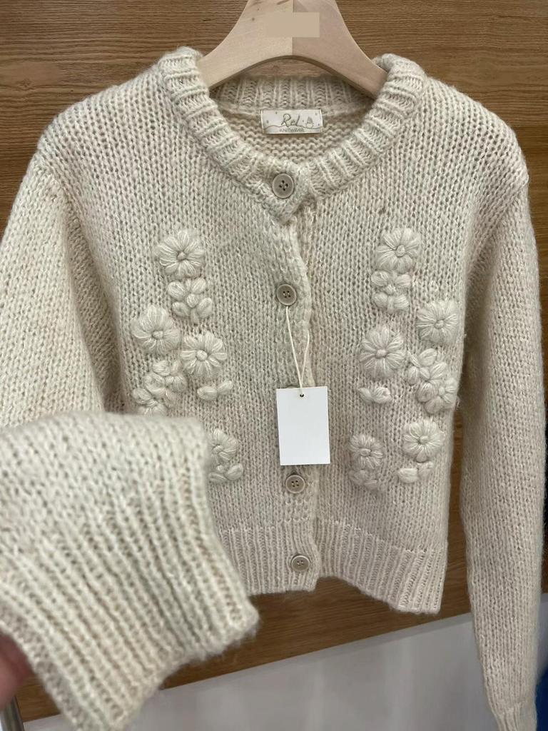 Hand-Embroidered 3D Floral Knit Cardigan for Women - Soft Korean Style Outerwear