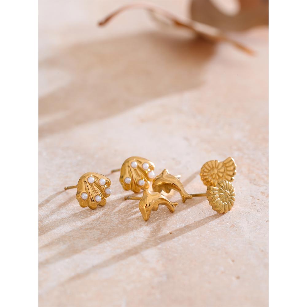 Yhpup Ocean Style Shell Conch Dolphin Stud Earrings One Set Ear Stacking Gold Color Summer Stainless Steel Studs Jewelry