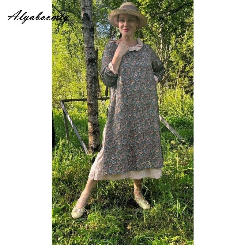 

Японское платье Mori Girl на весну и осень, женское платье миди с рюшами и цветочным принтом, лоскутное ретро-платье, винтажное хлопково-льняное платье с вышивкой, ажурное платье One Size синий