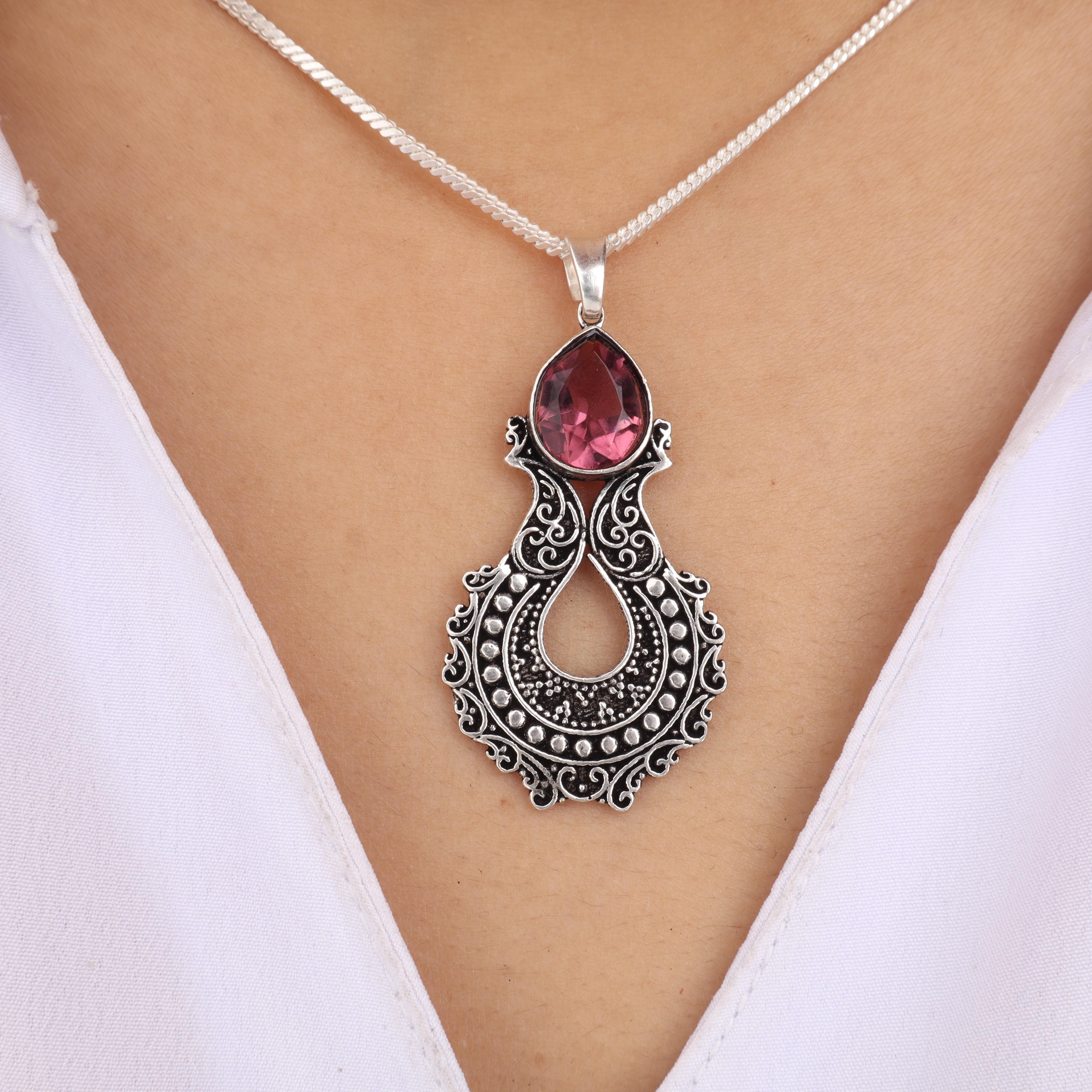 

Natural Rhodolite Gemstone 925 Sterling Silver Oxidize Pendant 1.8 Silver Jewelry Wedding Gift For Bride/Her CP-45-16