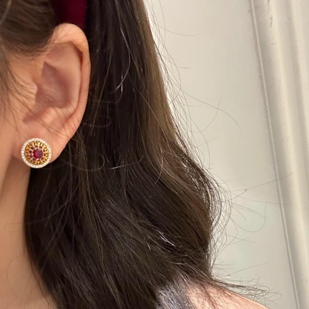 ose Window Earrings with Simulated Ruby and Full Diamond Weave Carved Gold Red Corundum Earrings for Women