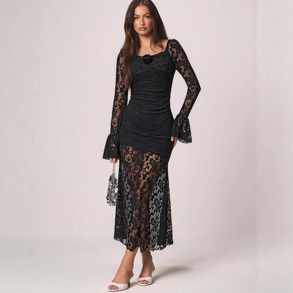 Women's Black Lace Midi Bodycon Dress Elegant Long Sleeve Flare Cuff Party Evening Maxi Dress