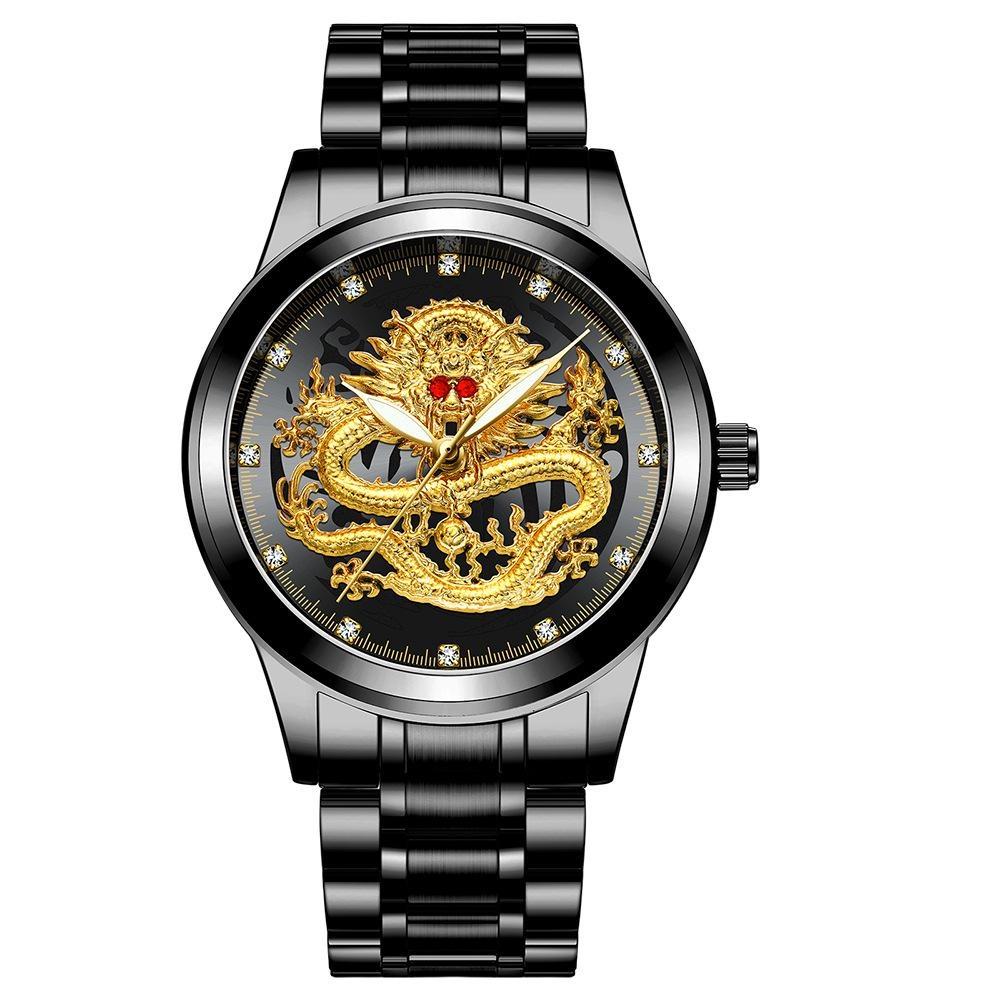FNGEEN Men's Watch Light Luxury Relief Golden Dragon Watch Waterproof Diamond Inlaid Ruby Mens Quartz Watch