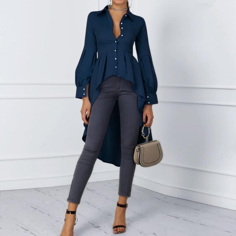 ZANZEA Dámská halenka s límečkem s klopami, dlouhým rukávem, asymetrickým lemem ve tvaru A