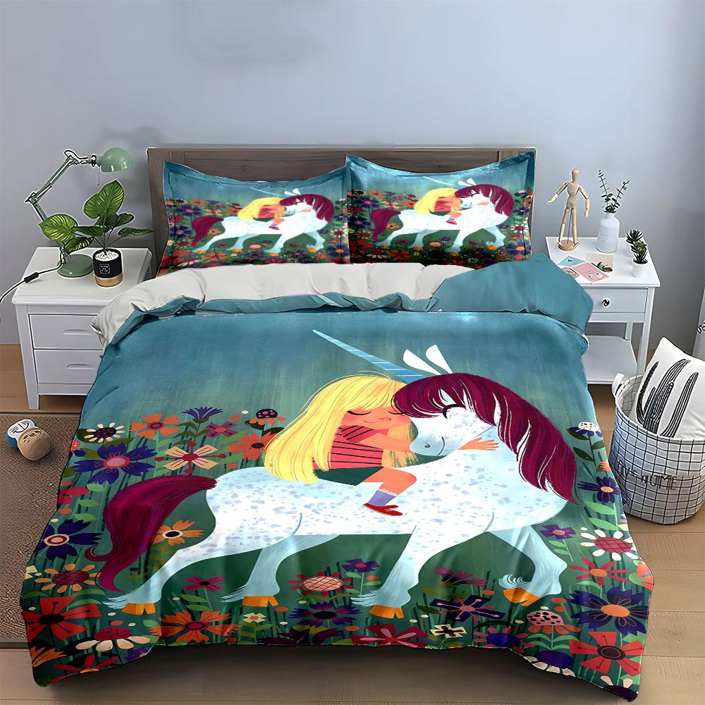 Unicorn amidst colorful flowers. Bedding sets Duvet cover sets Duvet covers Pillowcases(1 * Duvet Cover 2 * Pillowcases without duvet insert)