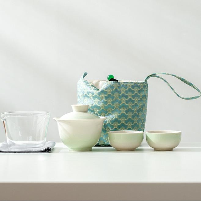 Plant Ash Glaze Gradient Travel Tea Set Ceramic Gongfu Set Gaiwan Portable Cup Kettle With Bag Outdoor 40-170ml