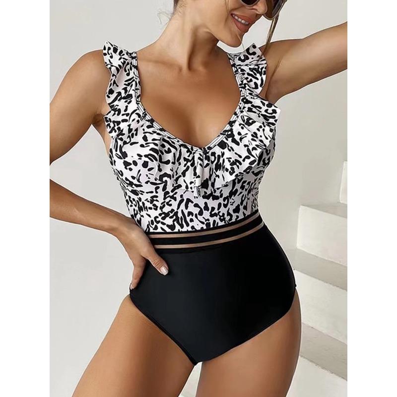 Leopard Ruffle  One Piece Swimsuit Women 2025 High Waist Mesh Tape Swimwear Female Beachwear V-neck Bathing Swimming Suit Summer