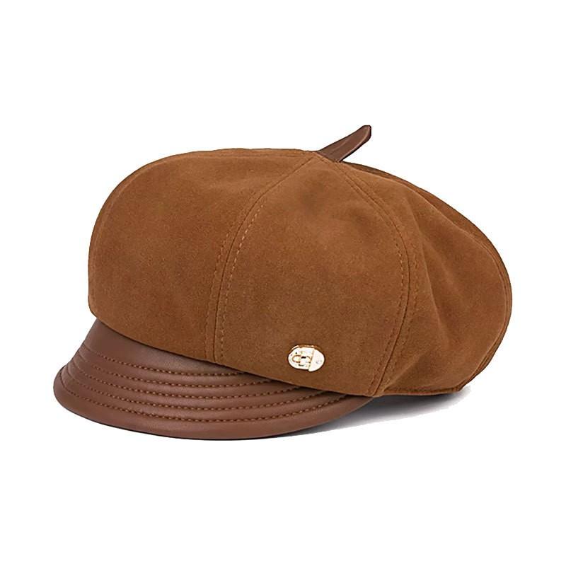 Womens Genuine Leather Beret Hat With Short Brim Foldable Adjustable Cap Winter Light Luxury Style