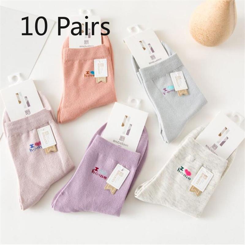 

10 пар женских носков-труб из хлопка, тренд весна-осень, новые однотонные 10 Pairs