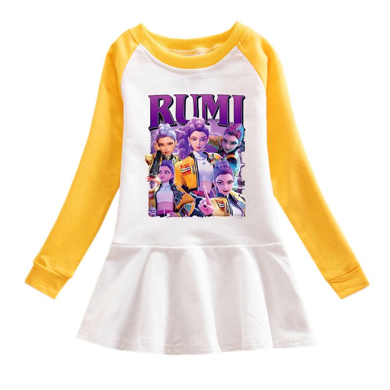 Mädchen Kpop Rumi Zoey Mira Hunters Print Langarm Falten Netz Kleid