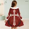 Girls High Neck Long Sleeve Printed Dark Navy Tie Waist A Line Flared Dress With White Fur Trim