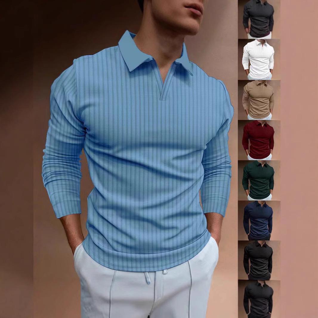 

Men s Vertical Striped V-Neck Polo Shirt - Long-Sleeve, Stand-Up Collar, Business Casual, Autumn Fitness Style. XL чорний