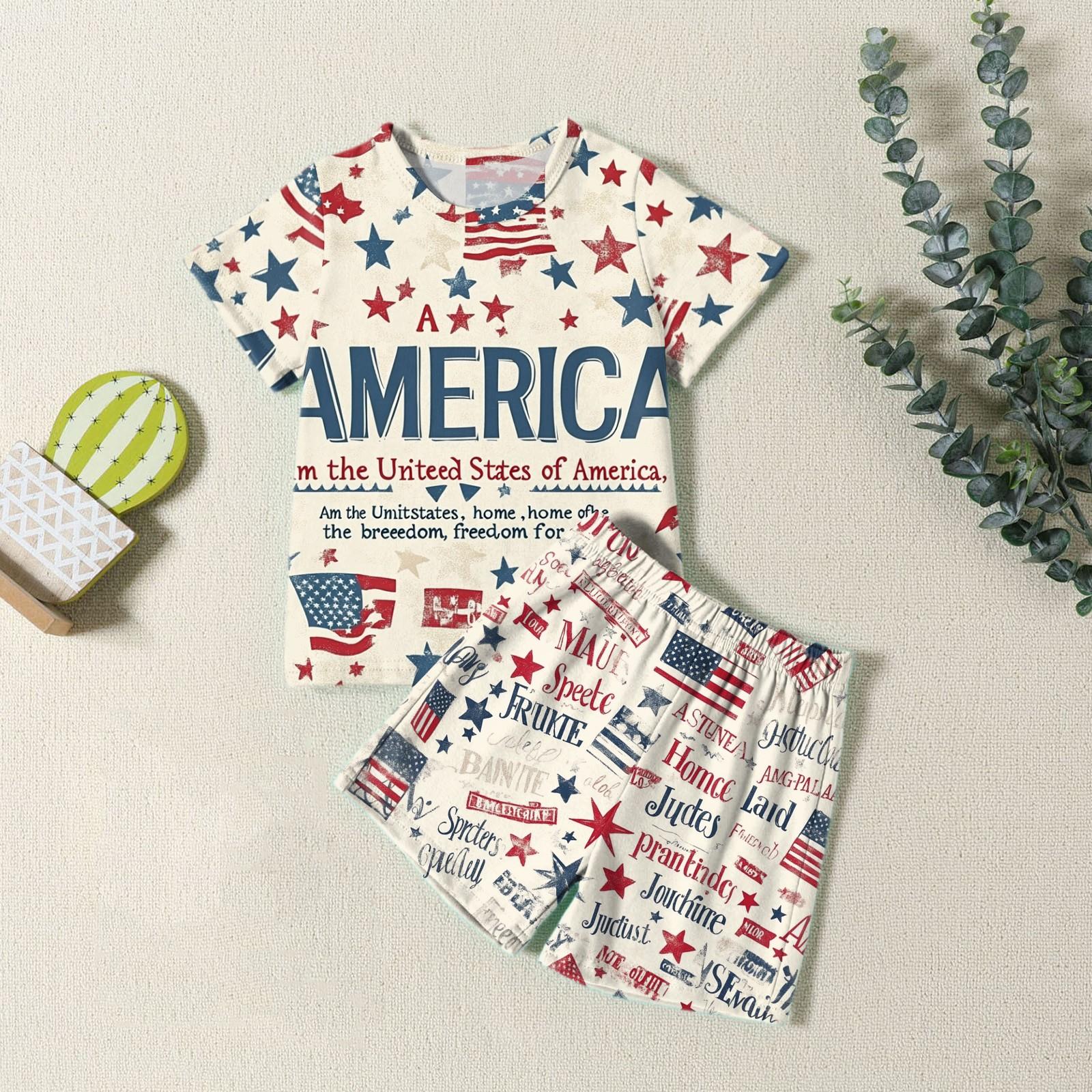 

Мода для мальчиков девочек Повседневный комплект ко Дню независимости: футболка с круглым вырезом и короткими рукавами, шорты 100 бежевый