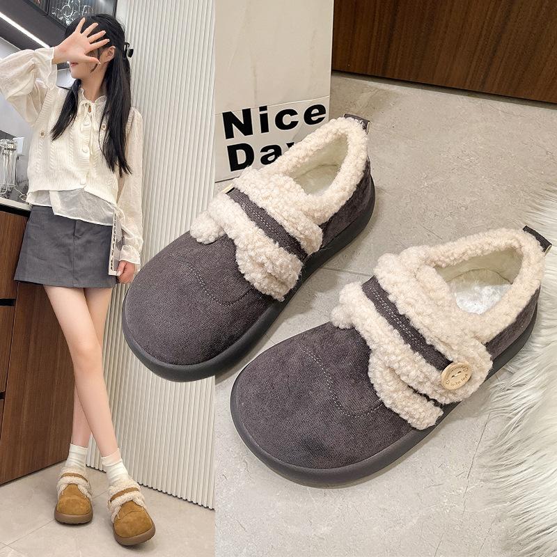 Gu Yunshu 2025 autumn and winter new cute round head small potato single shoes with velvet warm lamb wool small leather shoes women