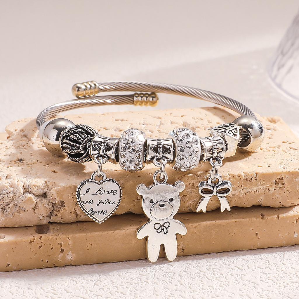 Women All Match Crystal Love Heart Bear Beads Bracelet Cuff