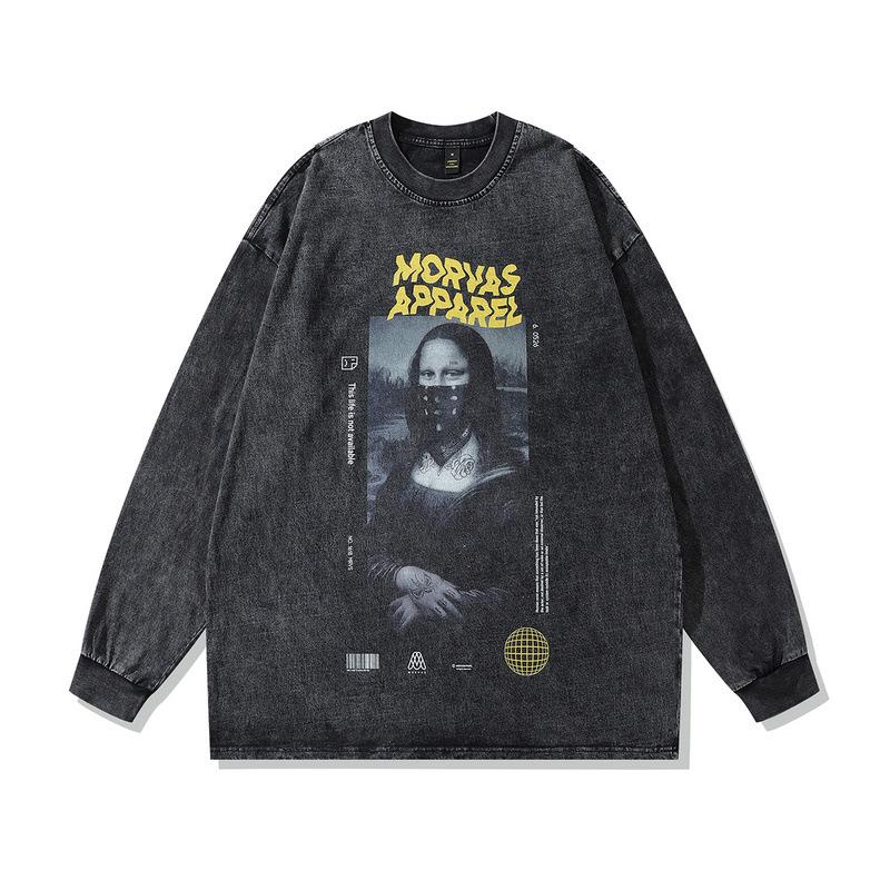 High Street Spoof Printed Long-Sleeved T-Shirt Retro Polished Old Heavy Cotton Crew Neck Sweater For Men And Women