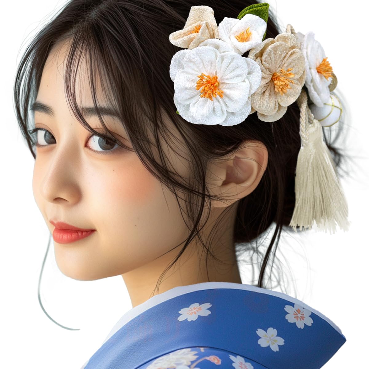

Set of 4 Hair Ornaments Kanzashi Flower Perfect for Furisode and Graduations Yukata (wk-221) - Tsumami-zaiku (Japanese Kanzashi) - (White) - білий