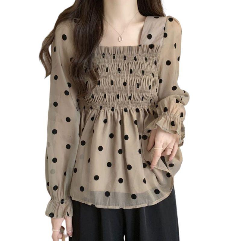 French Style Polka Dot Printed Blouse Spring Autumn Long Sleeve Female Clothing Chic Shirring Slim Vintage Square Collar Shirt