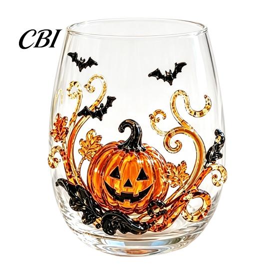 Clear Glassware for Kitchen Halloween Artisan Glassware, Stemless Drinking Glasses with Raised Pumpkin Ghost Black Cat Web Restaurant Grade Glass Cup