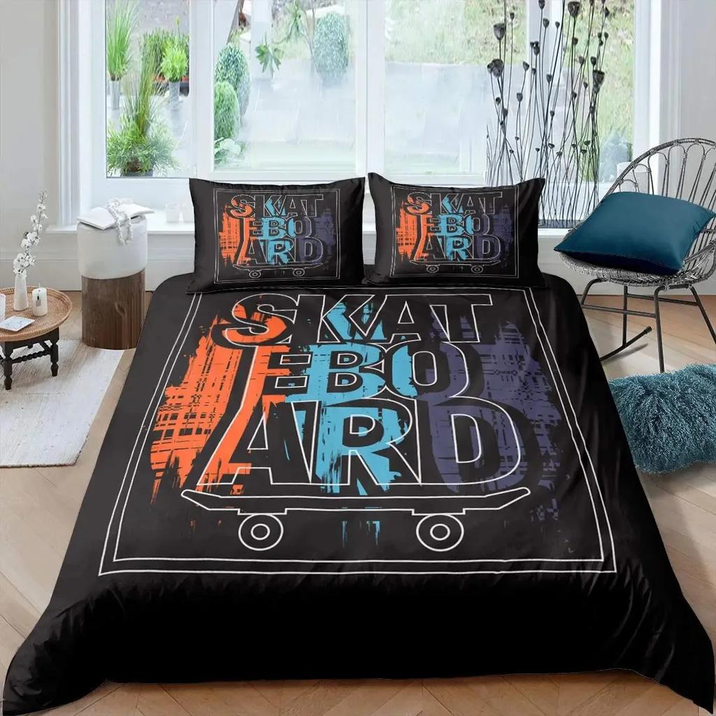 Skateboard Bettbezug Set Doppelgröße für Jungen Jugendliche Extremsport Bettwäsche Set Jugendlicher Bettdeckenbezug Graffiti Stil Bettbezug