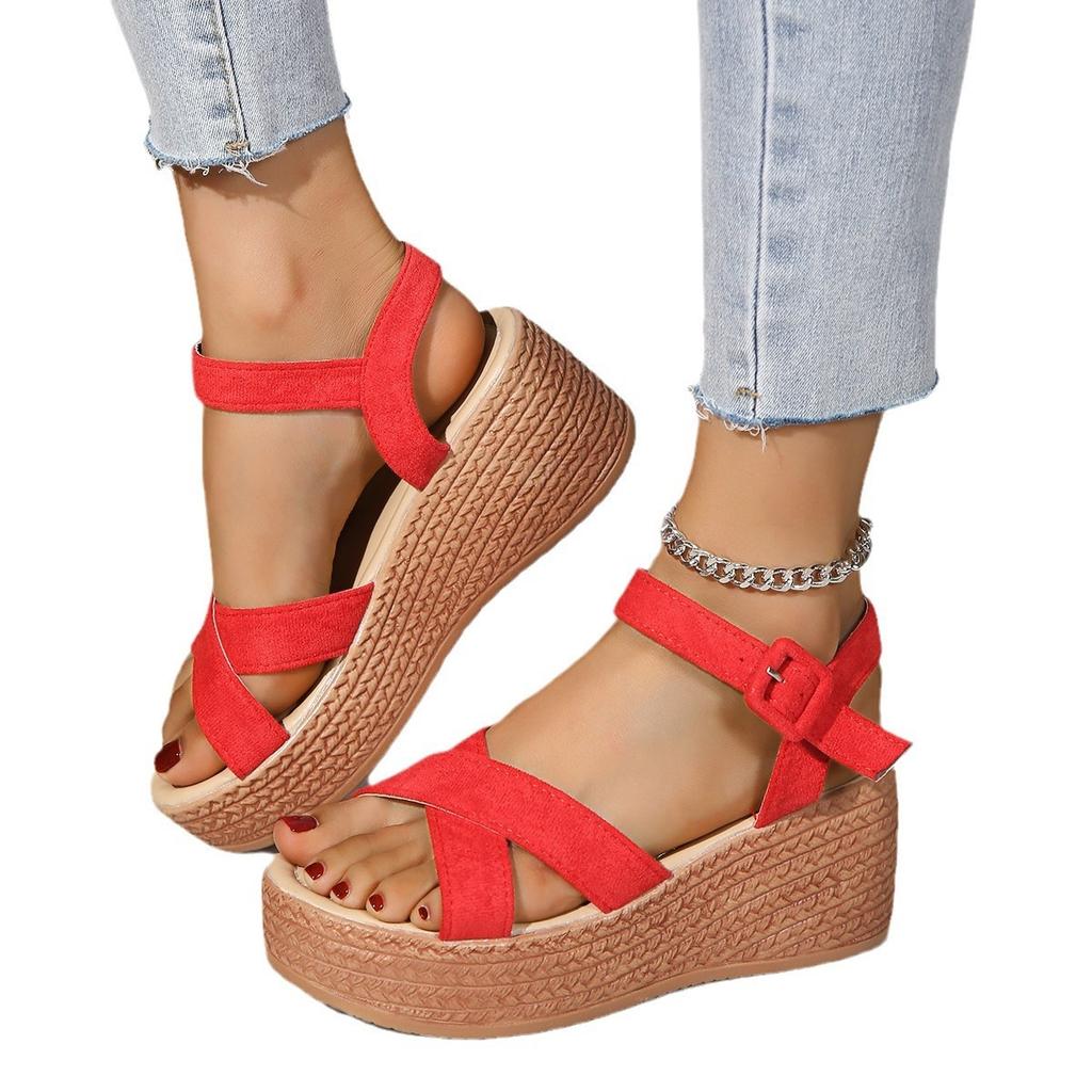 Sandals women's foreign trade large size 2025 summer new muffin wedge heel platform sandals suede women's high-heeled sandals