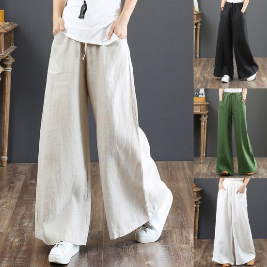Casual Women Solid Color Wide Leg Pants High Waist Pockets Loose Long Trousers