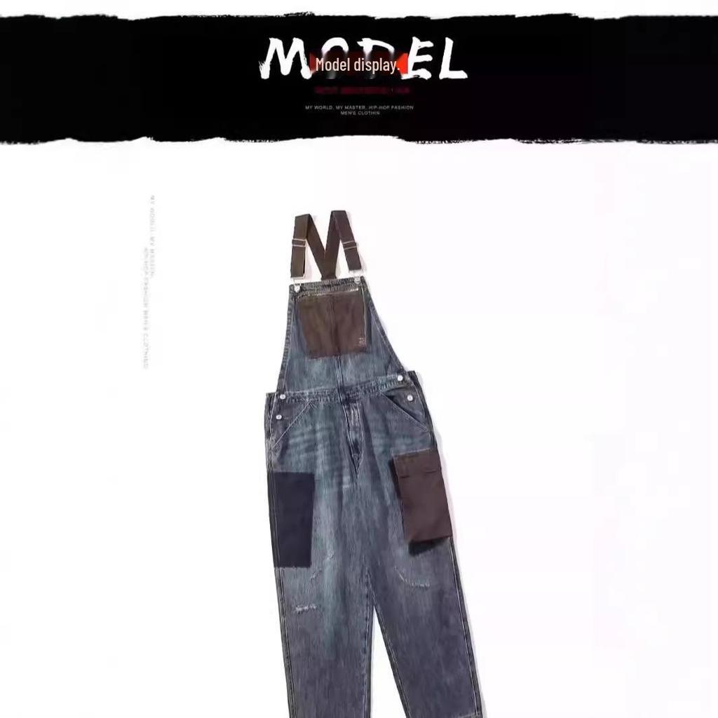 Unisex Japanese Retro Overall Jeans with Contrasting Suspenders