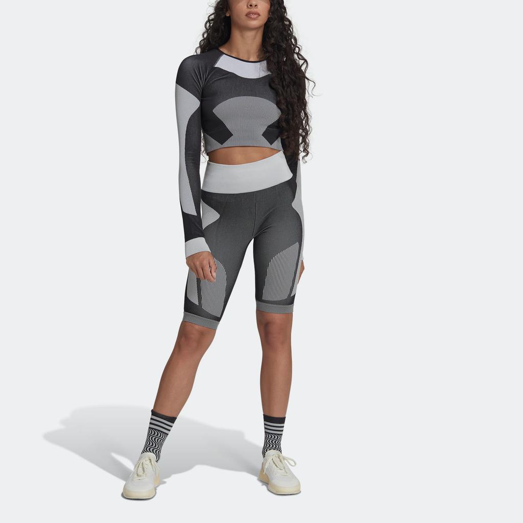 Adidas X Stella McCartney Collaboration FW22 Tst Ls Cropped Design Round Neck Sports Long Sleeve T-Shirt Women Tops Gray HN2883