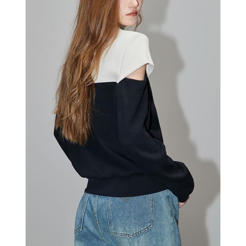Demana French Style Waffle Knit Patchwork Off-Shoulder Sweatshirt