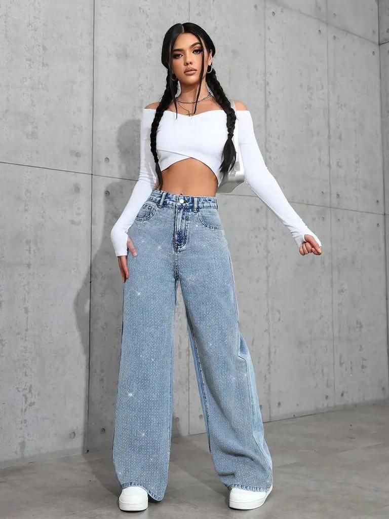 Women's Plus Size Stretch Denim Jeans with Rhinestone Embellishments