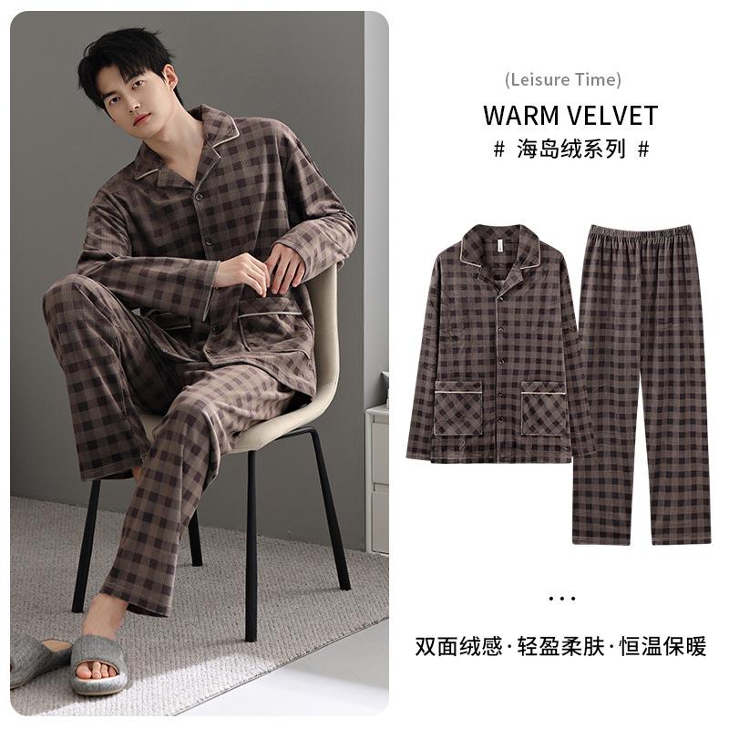 Pajamas Men'S Autumn And Winter Island Fleece Thickened Fleece Warm Coral Fleece Winter Plaid Thin Fleece Homewear Set