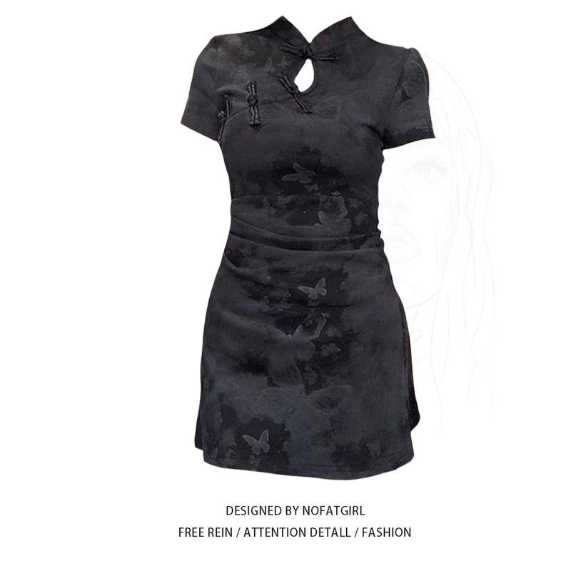 Plus Size Chubby Girl New Chinese Style Improved Cheongsam Dress for Women Summer New Arrival Waist-Tight Fancy Elegant Dress Black M