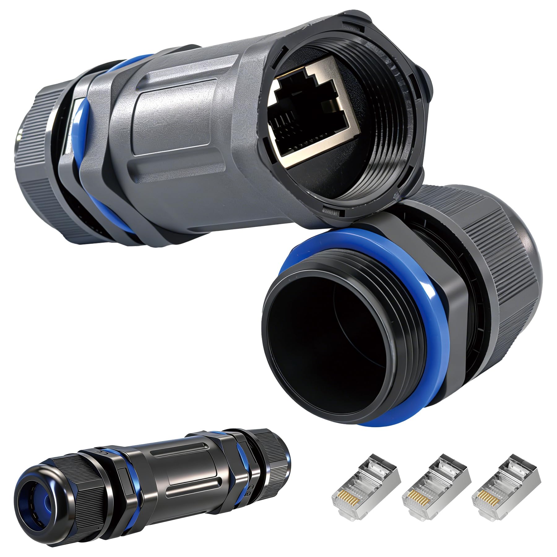 CTRICALVER External Waterproof RJ45 Connector IP68 Female Outdoor LAN Cable Ethernet Coupler with 3 RJ45 Network Cable Plugs Shielded, Connector,