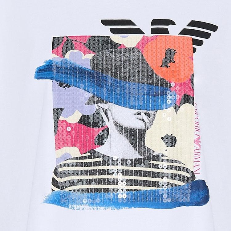 Emporio Armani SS23 Sequin Decorated Printed Round Neck Pullover Short Sleeve T-Shirt Women Tops White 6R2T7J-2J53Z-0100