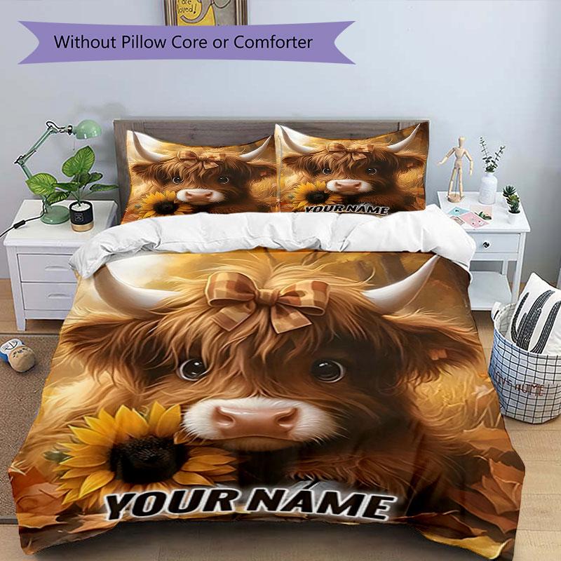 3PC Custom Name Autumn Highland Cow Portrait Bedding Set Printed Bedding Set Duvet Cover Closure Includes 1 Duvet Cover & 2 Pillowcases for All Season