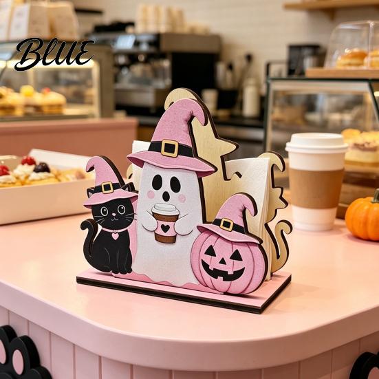 Cute Pumpkin Tissue Dispenser Halloween Wooden Napkin Holder Pastel Ghost Black Cat Tabletop Dispenser Desktop Storage Ornament Waterproof