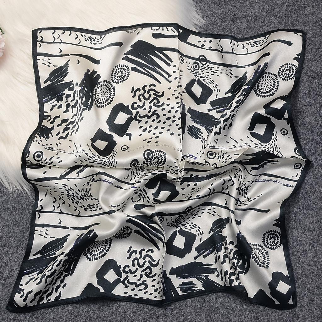 Silk Silk Scarf 111 Mulberry Silk Small Square Scarf Summer Versatile Black and White Graffiti Thin High-end Silk Woman