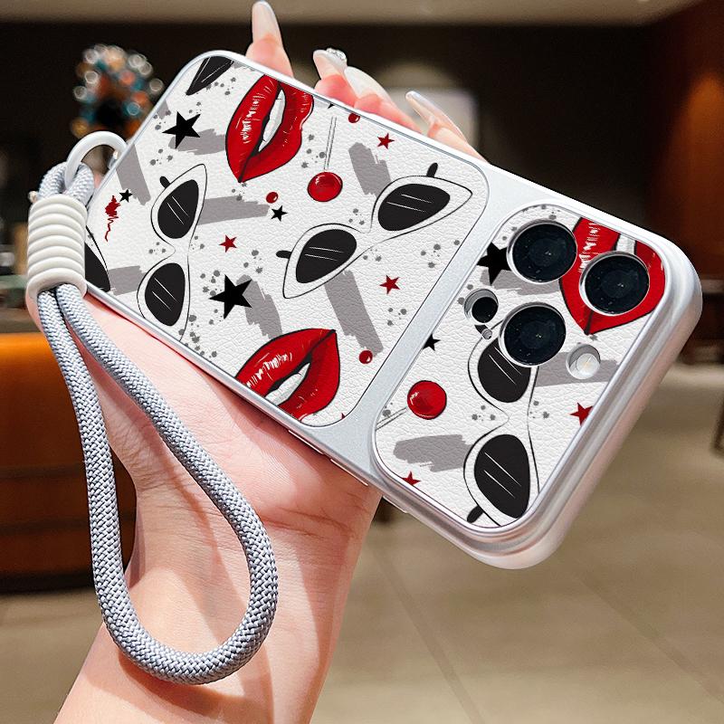 Leopard Kiss Lips Leather Lanyard Case For iPhone 18 Pro Max 17 16 15 14 13 Pro Max Luxury Hybrid TPU+PU Anti-skid Soft Phone Cover
