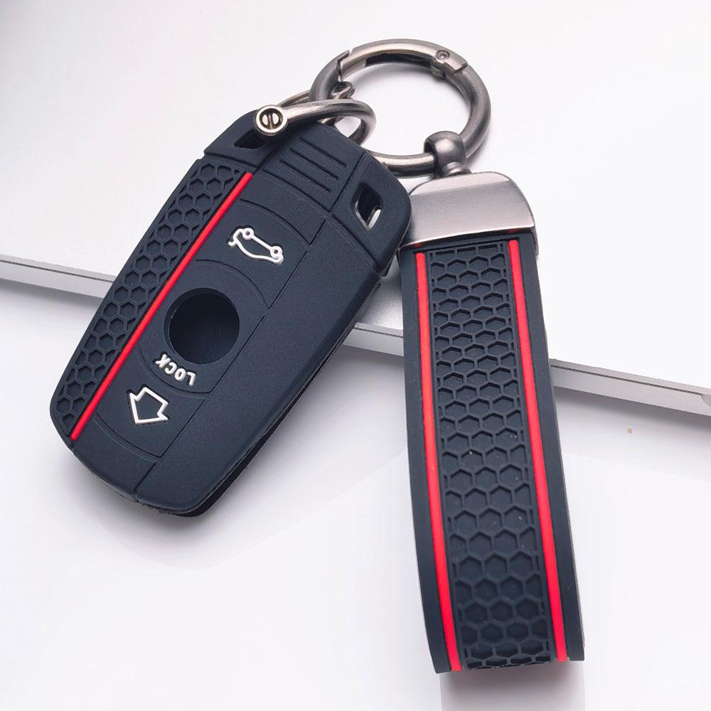 Silicone Car Key Fob Cover with Matching Keychain Compatible with BMW 1 3 5 Series X1 X3 X5 Z4 E90 E91 E92 E60 E61 E87 E84 E83 E70 E89 Provides a
