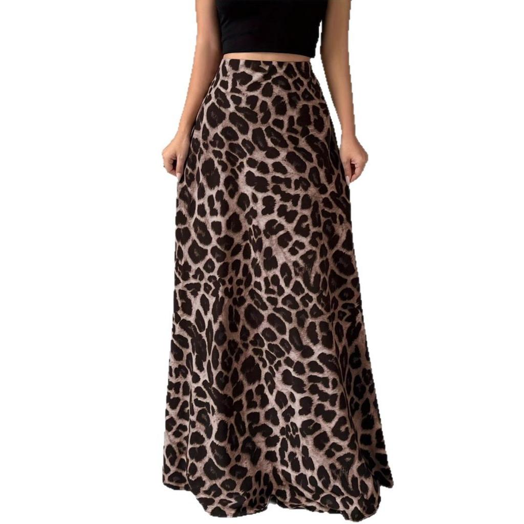 Retro High-end Fashion Leopard Print Skirt Women's Summer Temperament Leopard Print High Waist Thin A Word Medium and Long Skirt
