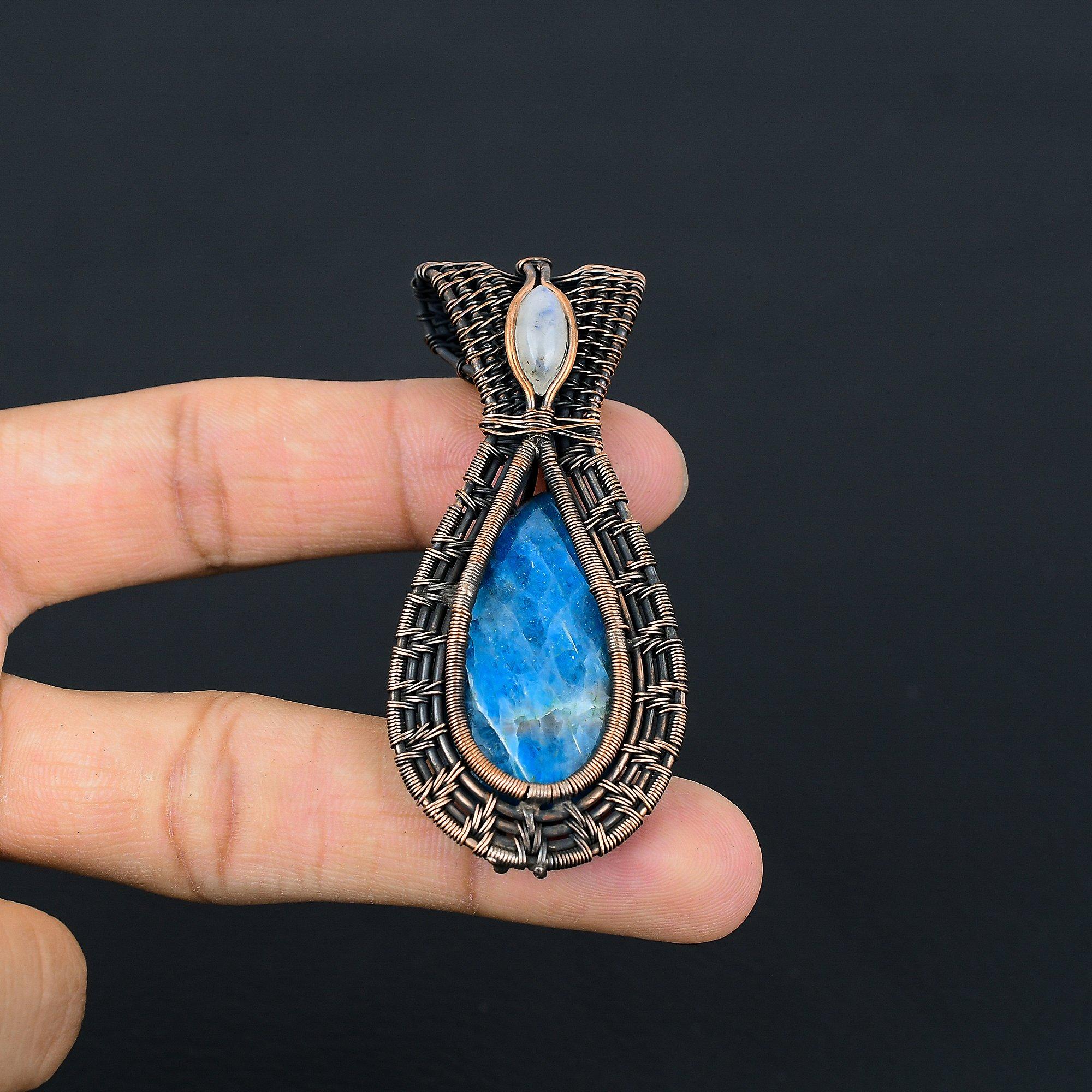 

Neon Blue Apatite Gemstone Pendant 999 Copper Wire Wrapped Jewelry, Handmade Antique Pendant Jewelry, Gift For Mother 2.55 Inches